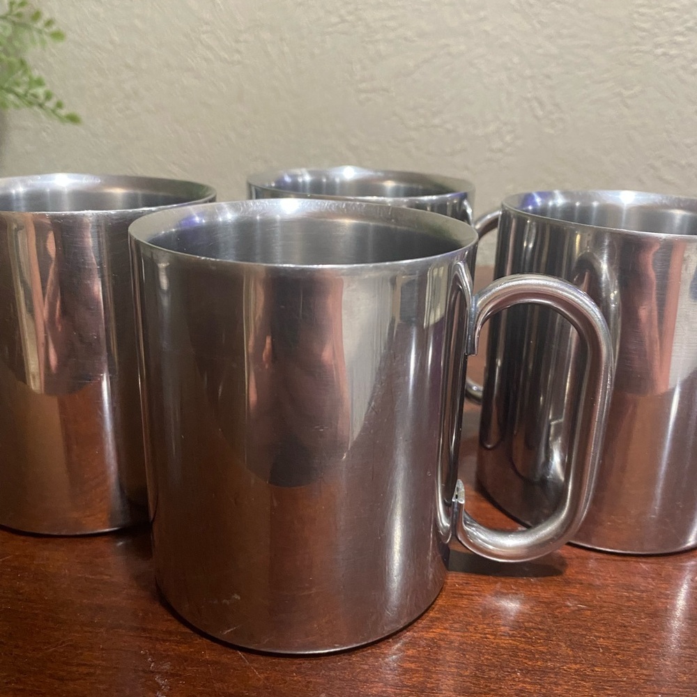 Set of 4, Double Walled Steel Mugs with a Mirror Finish